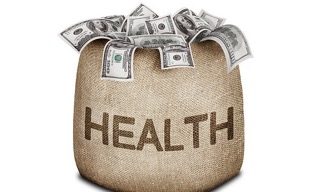 Bag labeled Health full of cash